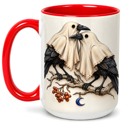 #pl[15oz|Red] Ghost Crow Pair Coffee Mug, Gothic Bird Mug, Ceramic Cup
