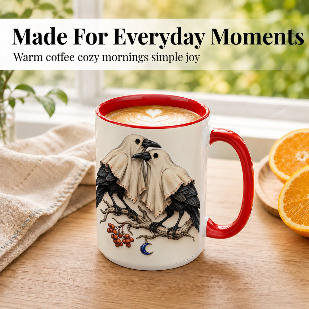 #pl[15oz|Red] Ghost Crow Pair Coffee Mug, Gothic Bird Mug, Ceramic Cup