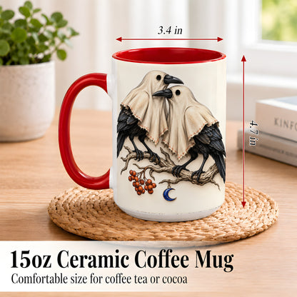 #pl[15oz|Red] Ghost Crow Pair Coffee Mug, Gothic Bird Mug, Ceramic Cup