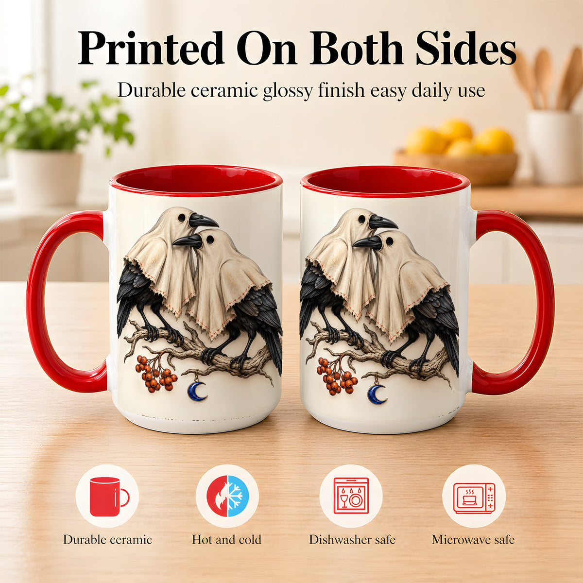 #pl[15oz|Red] Ghost Crow Pair Coffee Mug, Gothic Bird Mug, Ceramic Cup