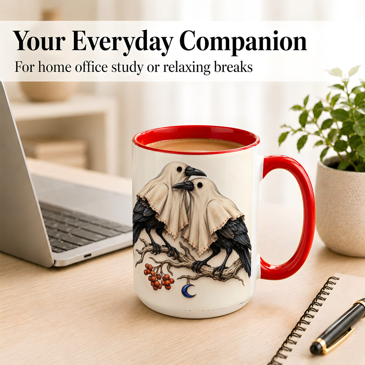 #pl[15oz|Red] Ghost Crow Pair Coffee Mug, Gothic Bird Mug, Ceramic Cup