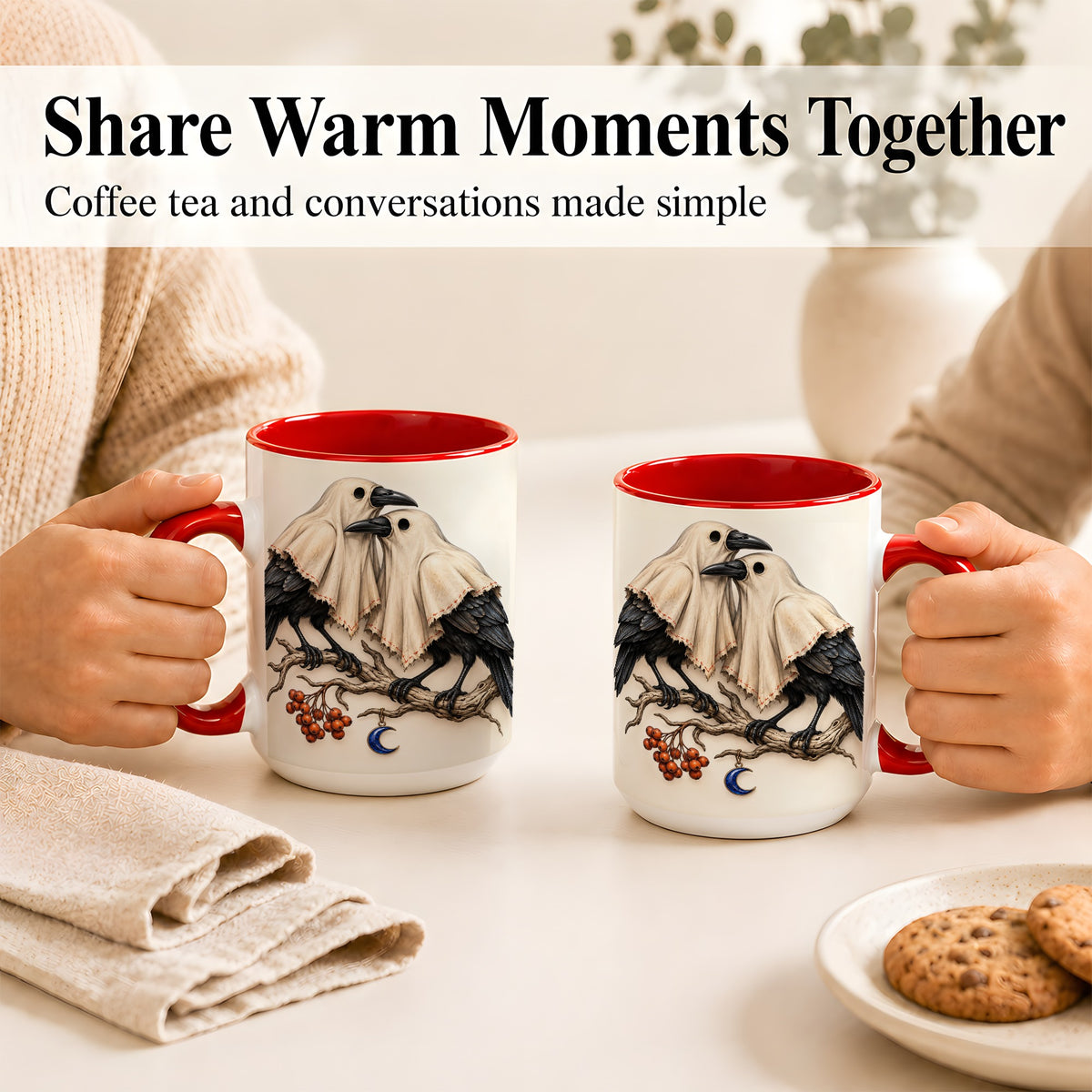 #pl[15oz|Red] Ghost Crow Pair Coffee Mug, Gothic Bird Mug, Ceramic Cup