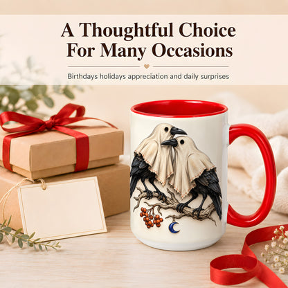 #pl[15oz|Red] Ghost Crow Pair Coffee Mug, Gothic Bird Mug, Ceramic Cup