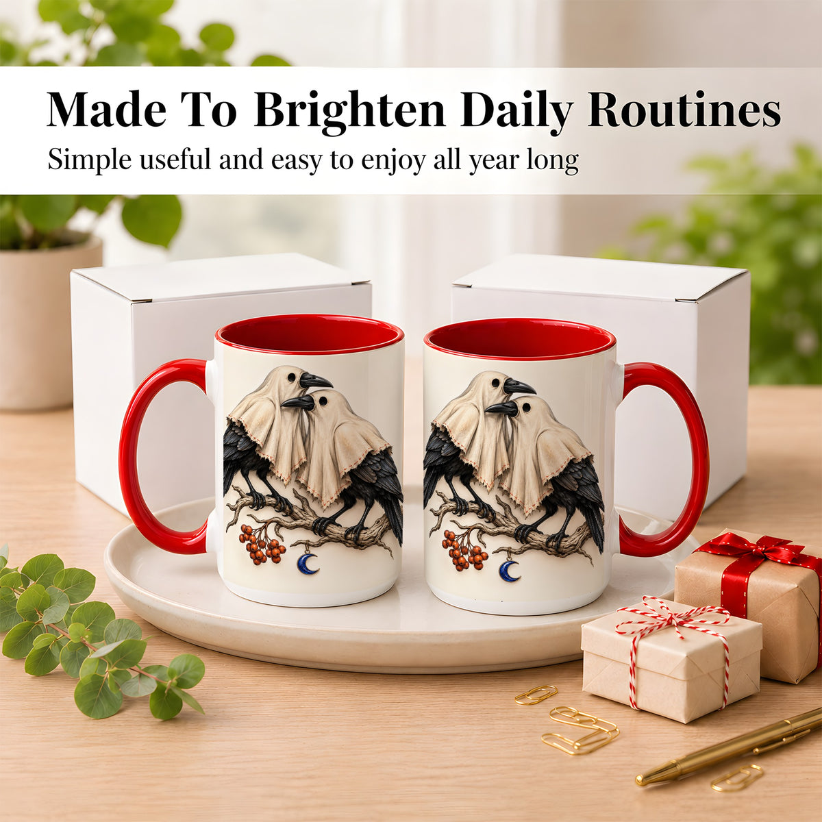#pl[15oz|Red] Ghost Crow Pair Coffee Mug, Gothic Bird Mug, Ceramic Cup