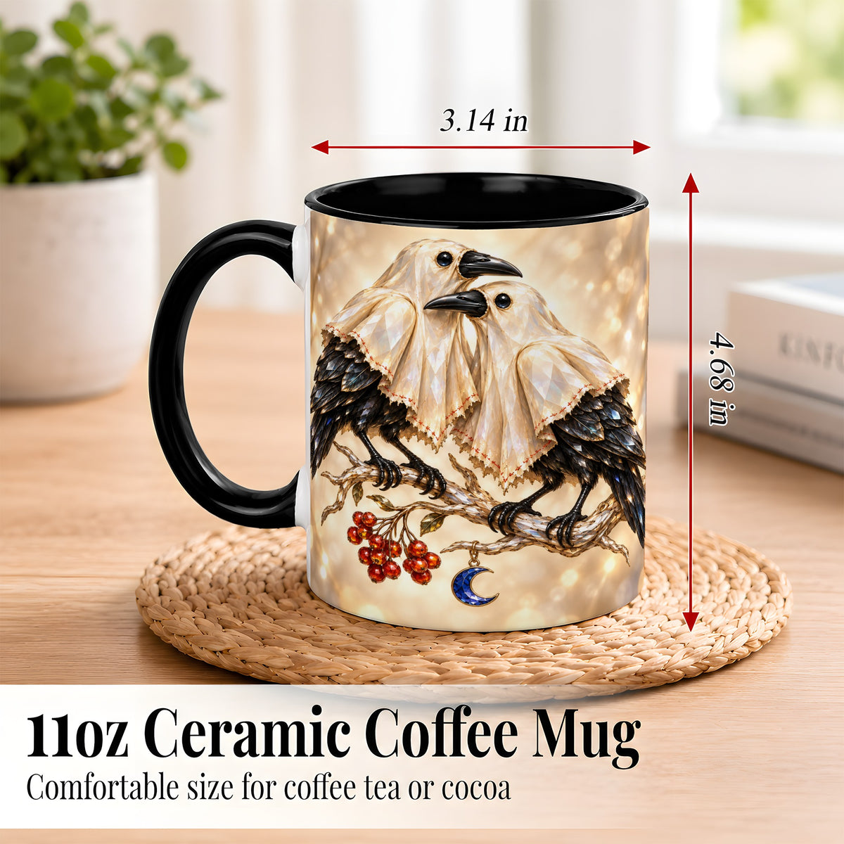 #pl[11oz|Black] Crystal Raven Coffee Mug, Moonlit Bird Mug, Ceramic Cup