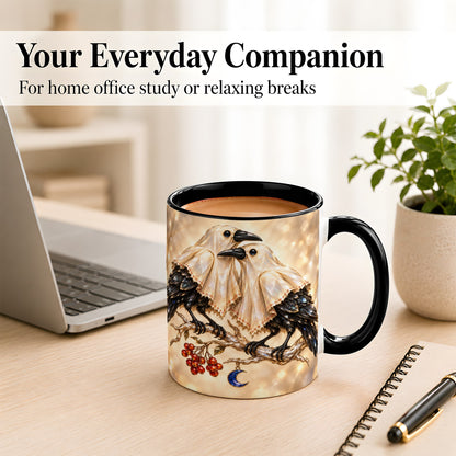 #pl[11oz|Black] Crystal Raven Coffee Mug, Moonlit Bird Mug, Ceramic Cup