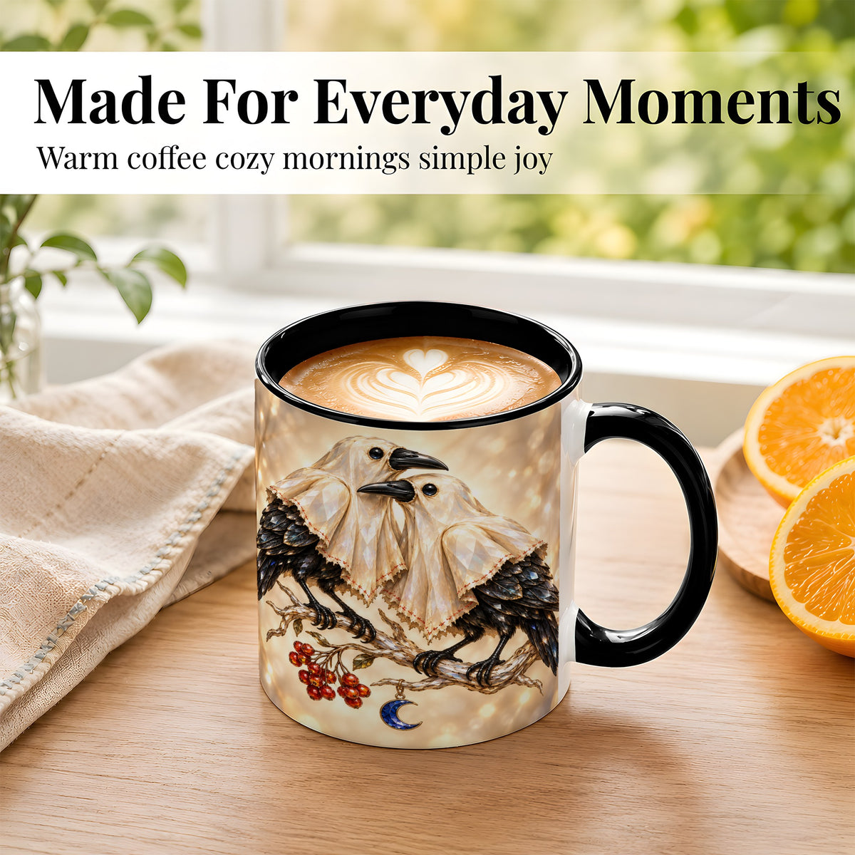 #pl[11oz|Black] Crystal Raven Coffee Mug, Moonlit Bird Mug, Ceramic Cup