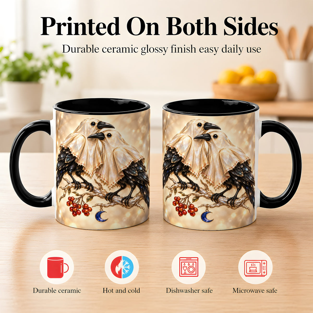 #pl[11oz|Black] Crystal Raven Coffee Mug, Moonlit Bird Mug, Ceramic Cup