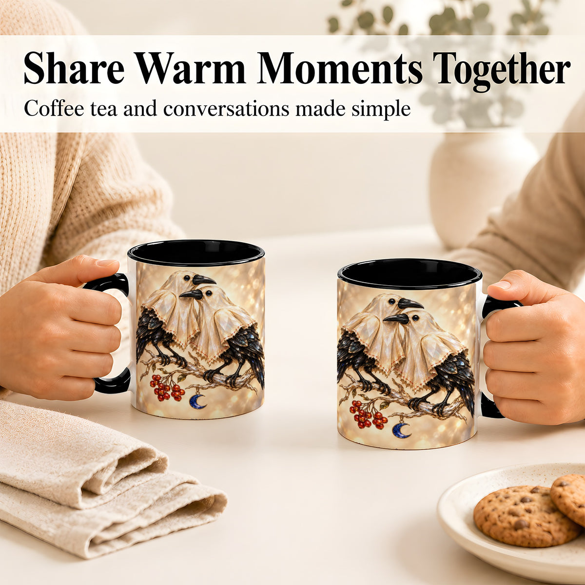 #pl[11oz|Black] Crystal Raven Coffee Mug, Moonlit Bird Mug, Ceramic Cup
