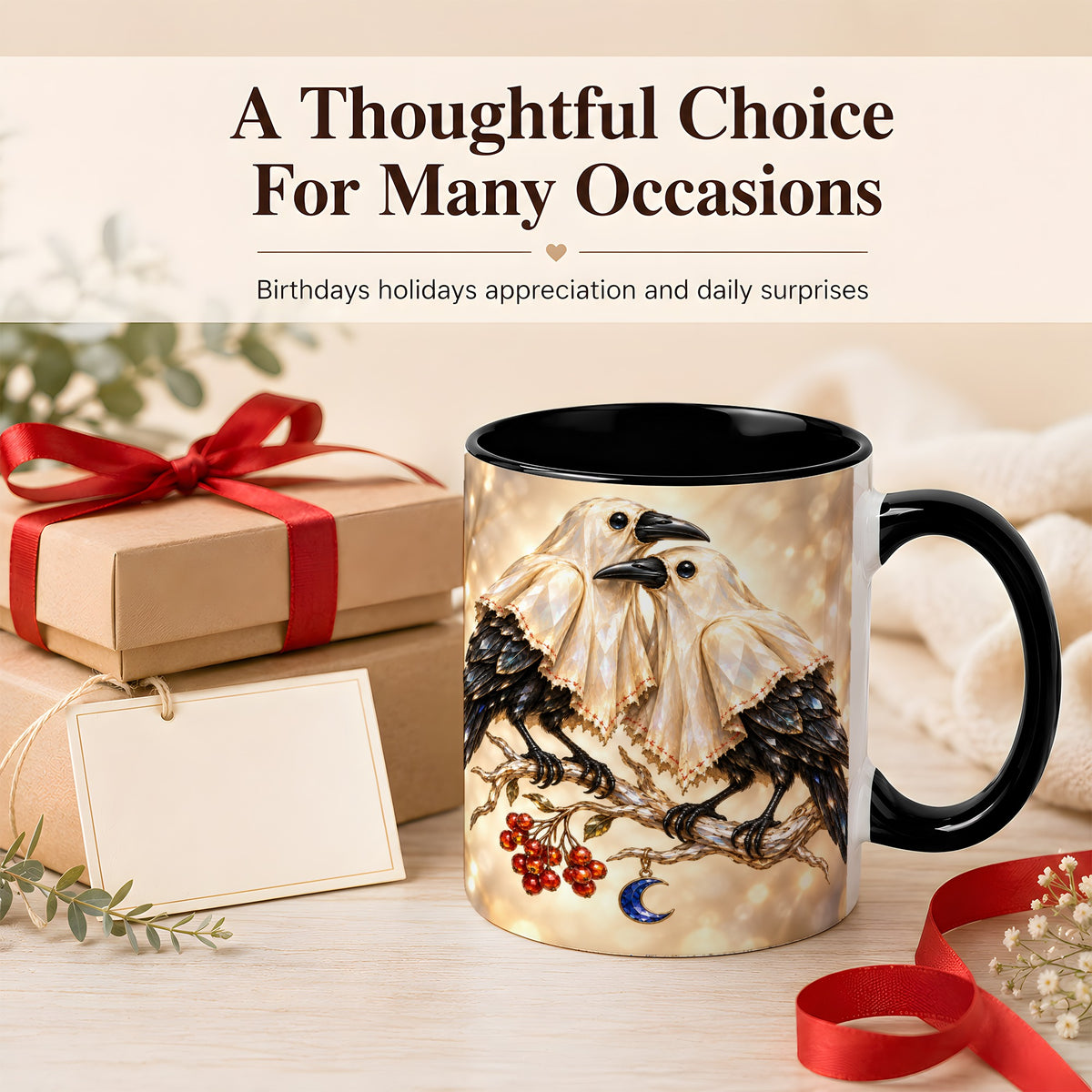 #pl[11oz|Black] Crystal Raven Coffee Mug, Moonlit Bird Mug, Ceramic Cup