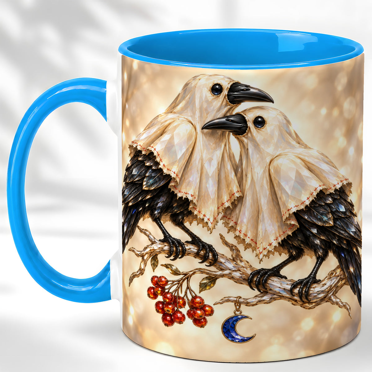 #pl[11oz|Blue] Crystal Raven Coffee Mug, Moonlit Bird Mug, Ceramic Cup