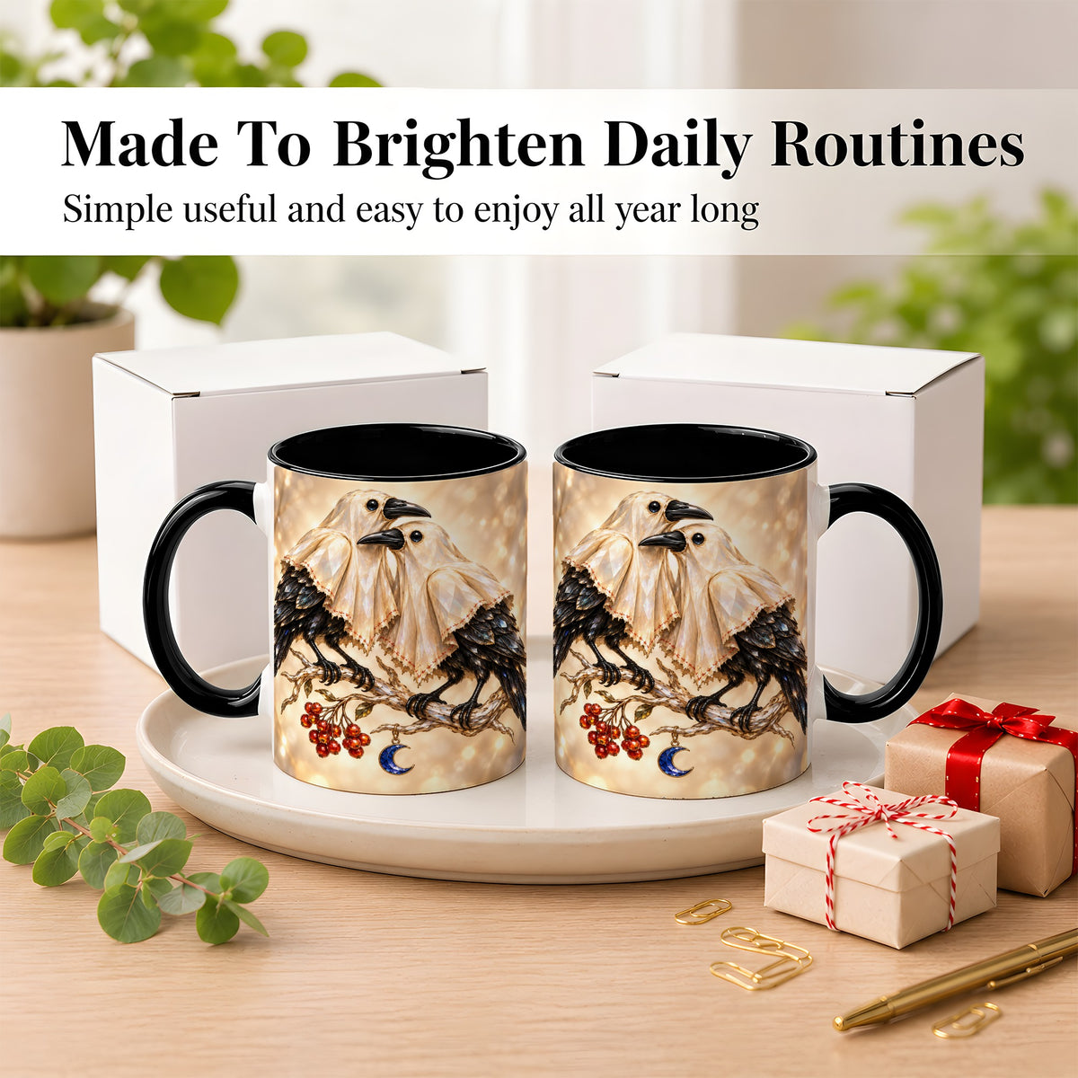 #pl[11oz|Black] Crystal Raven Coffee Mug, Moonlit Bird Mug, Ceramic Cup