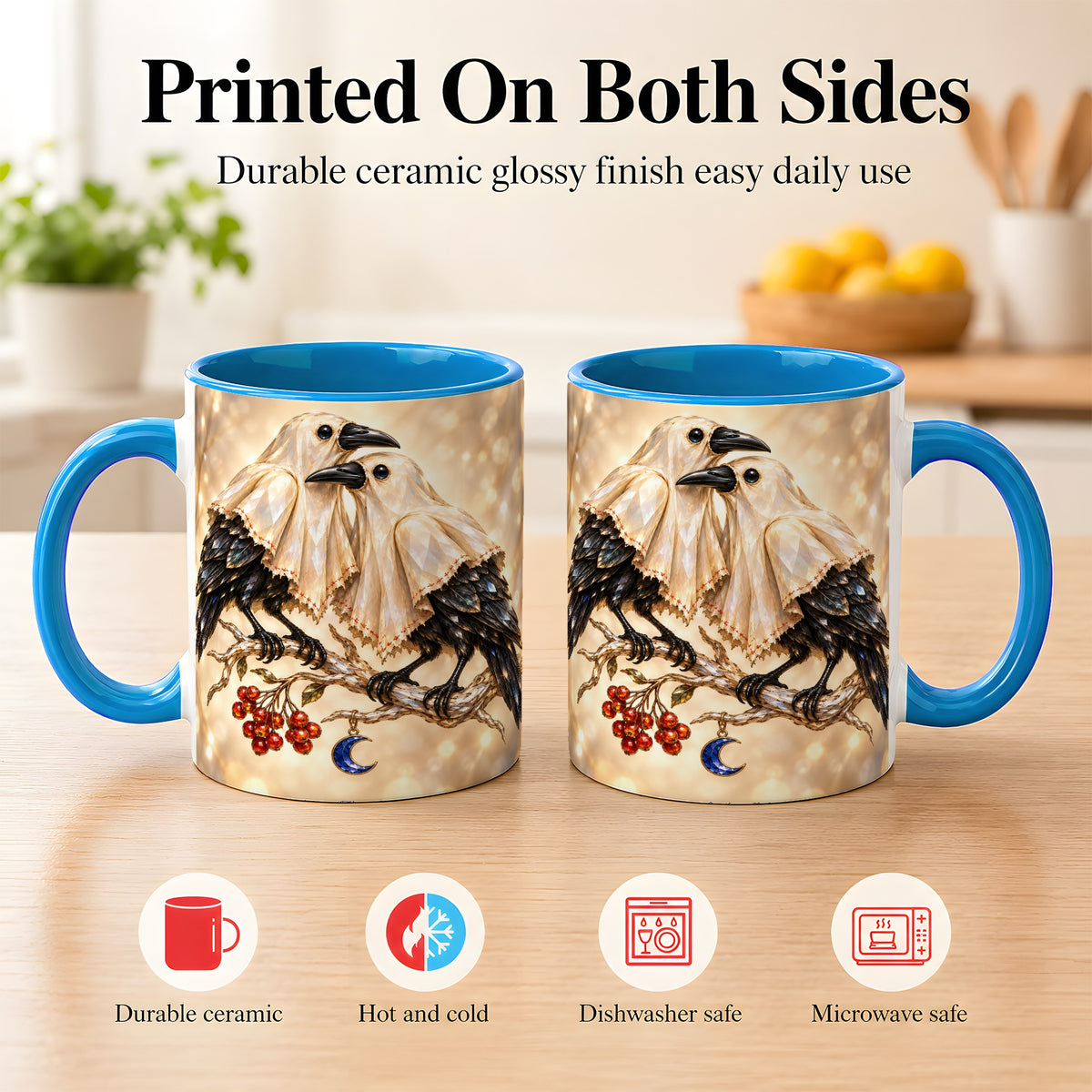 #pl[11oz|Blue] Crystal Raven Coffee Mug, Moonlit Bird Mug, Ceramic Cup