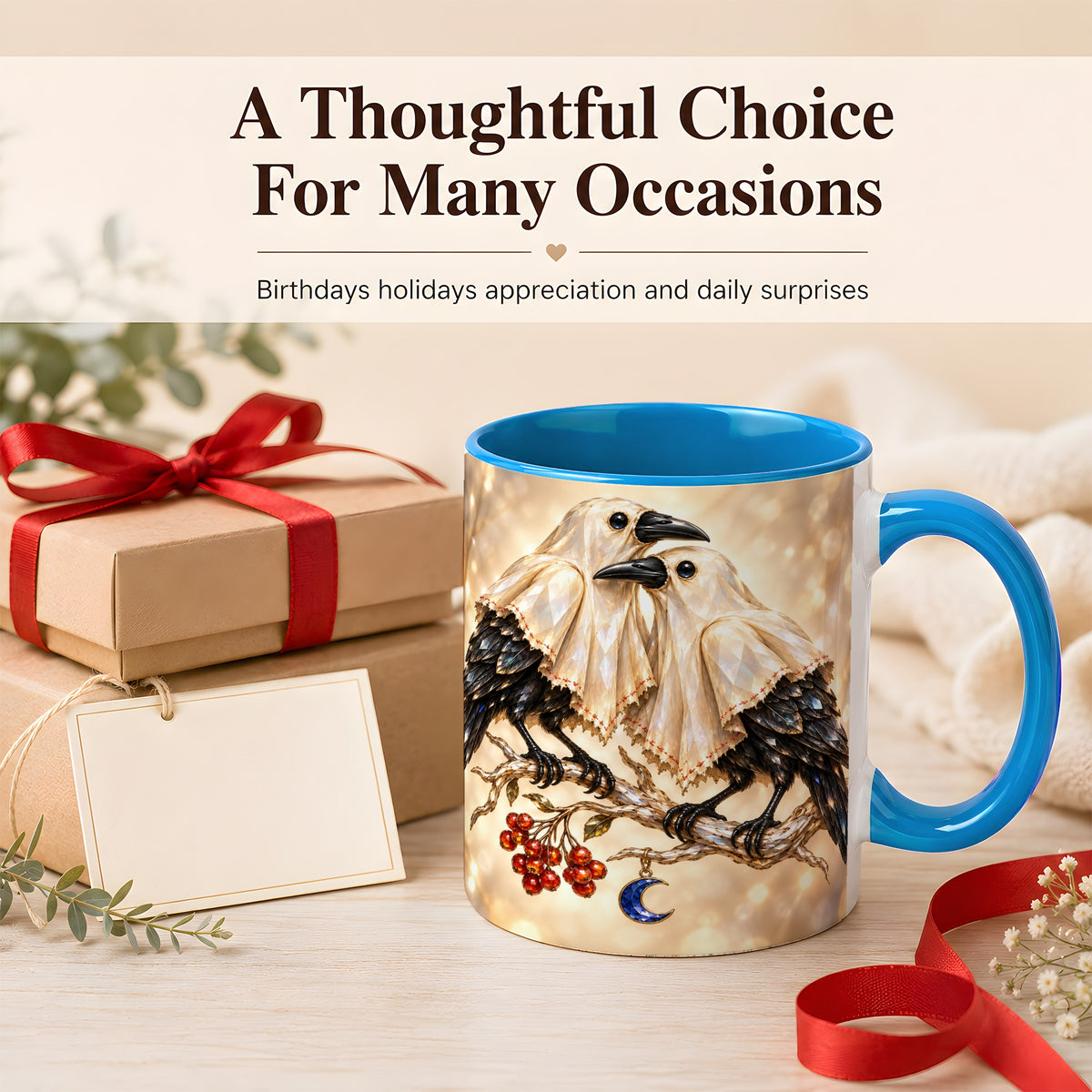 #pl[11oz|Blue] Crystal Raven Coffee Mug, Moonlit Bird Mug, Ceramic Cup