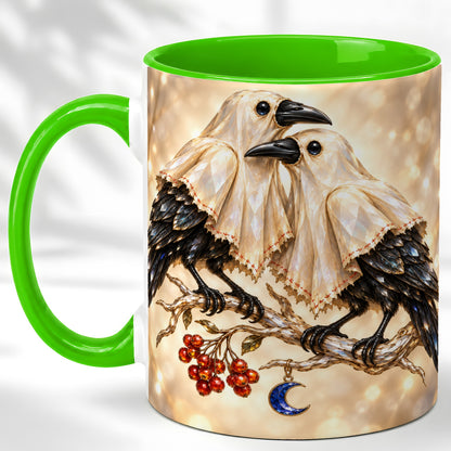 #pl[11oz|Green] Crystal Raven Coffee Mug, Moonlit Bird Mug, Ceramic Cup