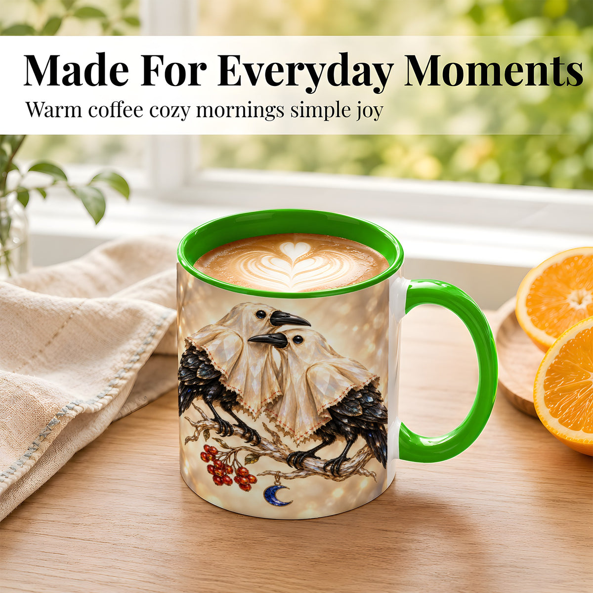 #pl[11oz|Green] Crystal Raven Coffee Mug, Moonlit Bird Mug, Ceramic Cup