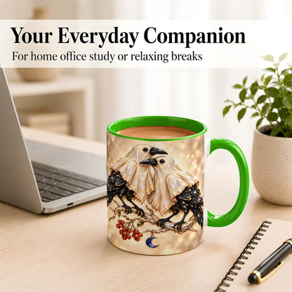 #pl[11oz|Green] Crystal Raven Coffee Mug, Moonlit Bird Mug, Ceramic Cup