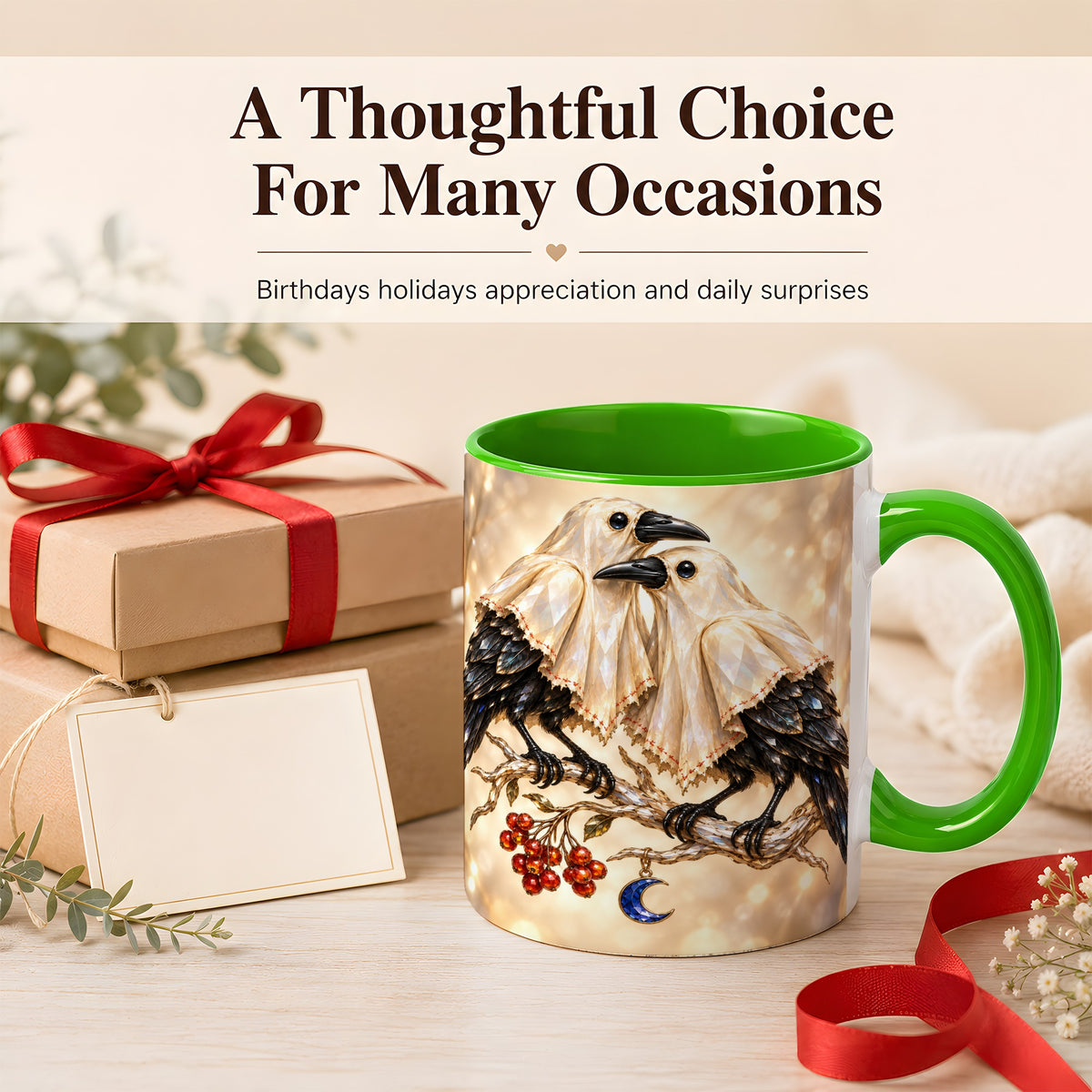 #pl[11oz|Green] Crystal Raven Coffee Mug, Moonlit Bird Mug, Ceramic Cup