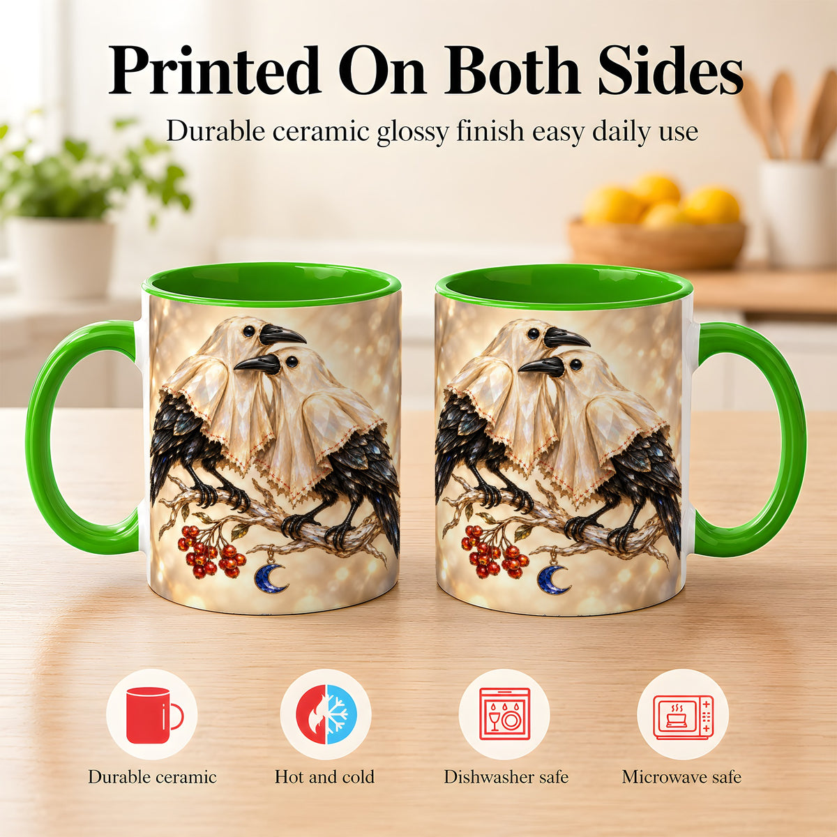 #pl[11oz|Green] Crystal Raven Coffee Mug, Moonlit Bird Mug, Ceramic Cup