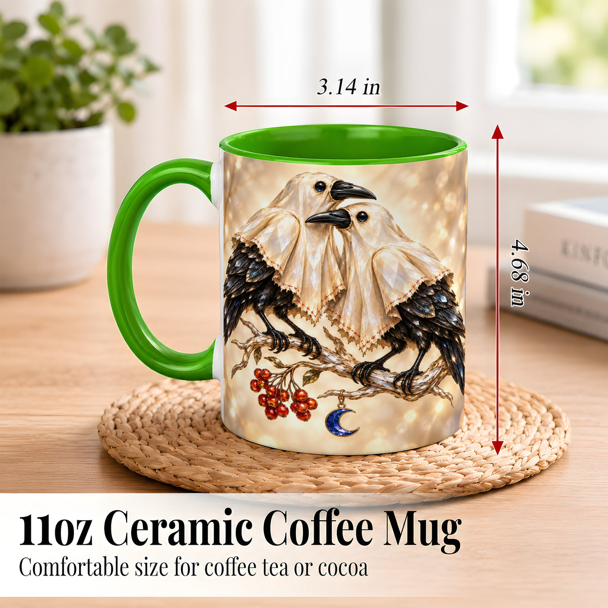 #pl[11oz|Green] Crystal Raven Coffee Mug, Moonlit Bird Mug, Ceramic Cup