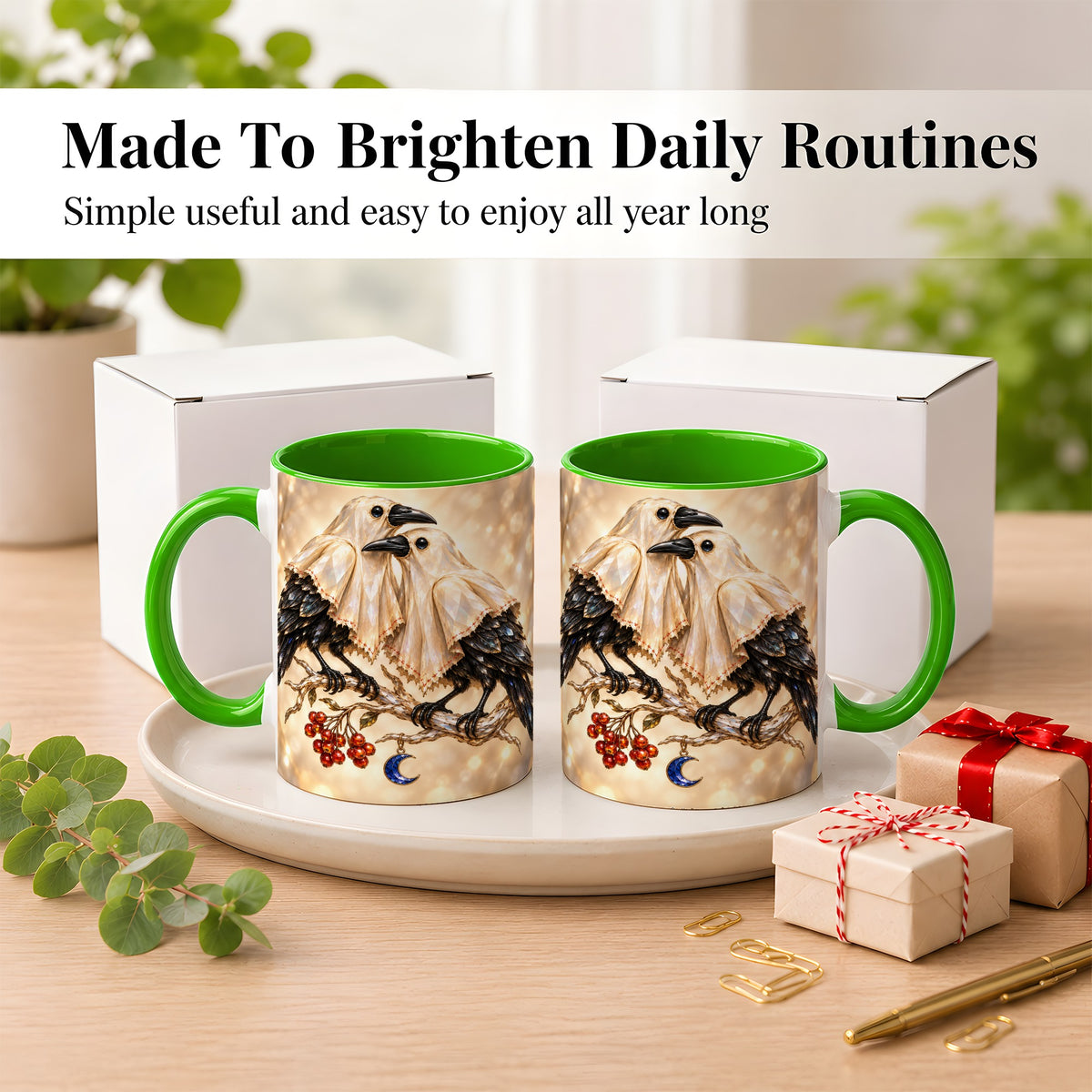 #pl[11oz|Green] Crystal Raven Coffee Mug, Moonlit Bird Mug, Ceramic Cup