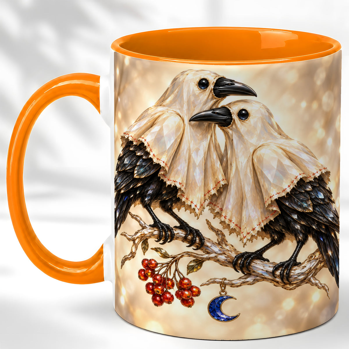 #pl[11oz|Orange] Crystal Raven Coffee Mug, Moonlit Bird Mug, Ceramic Cup