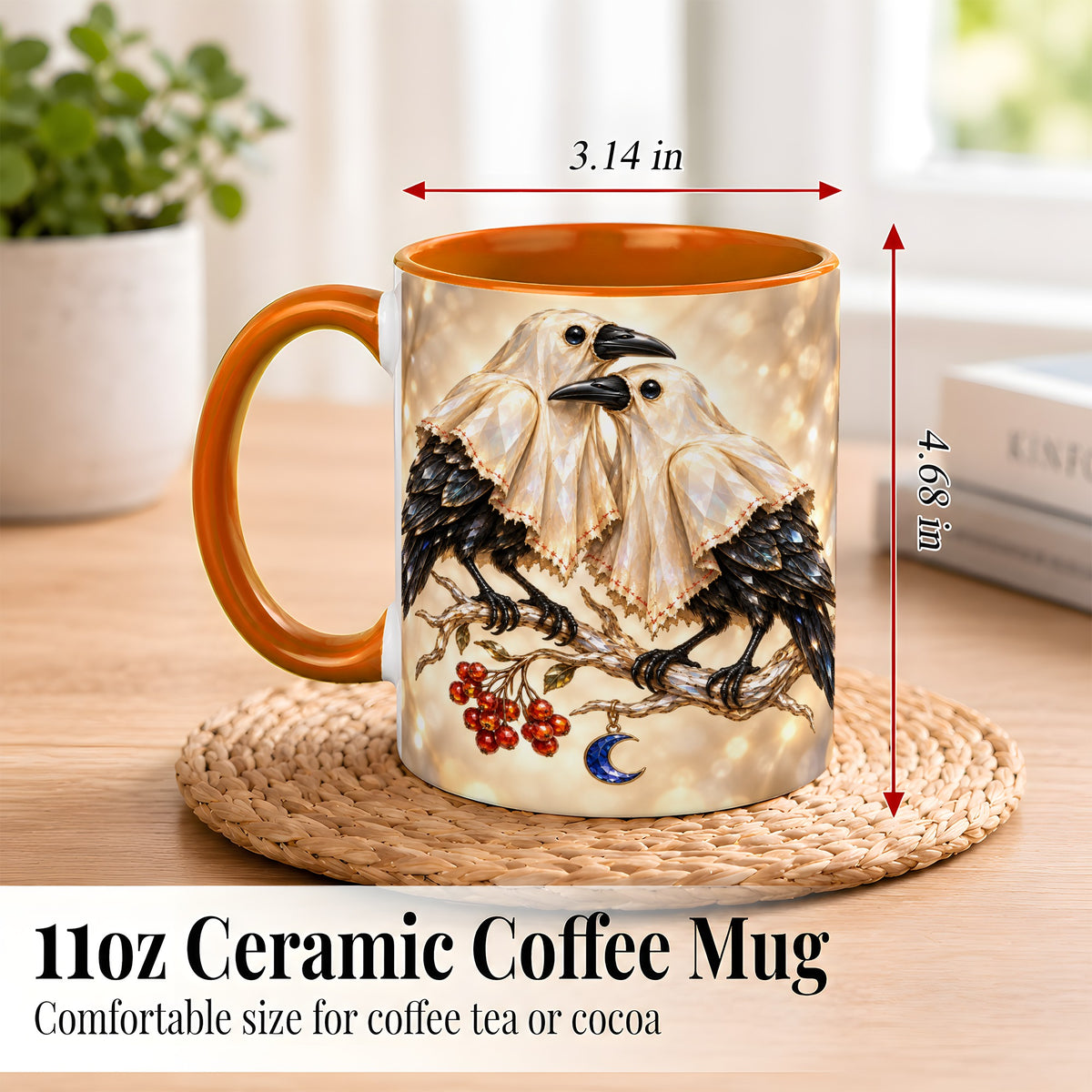 #pl[11oz|Orange] Crystal Raven Coffee Mug, Moonlit Bird Mug, Ceramic Cup