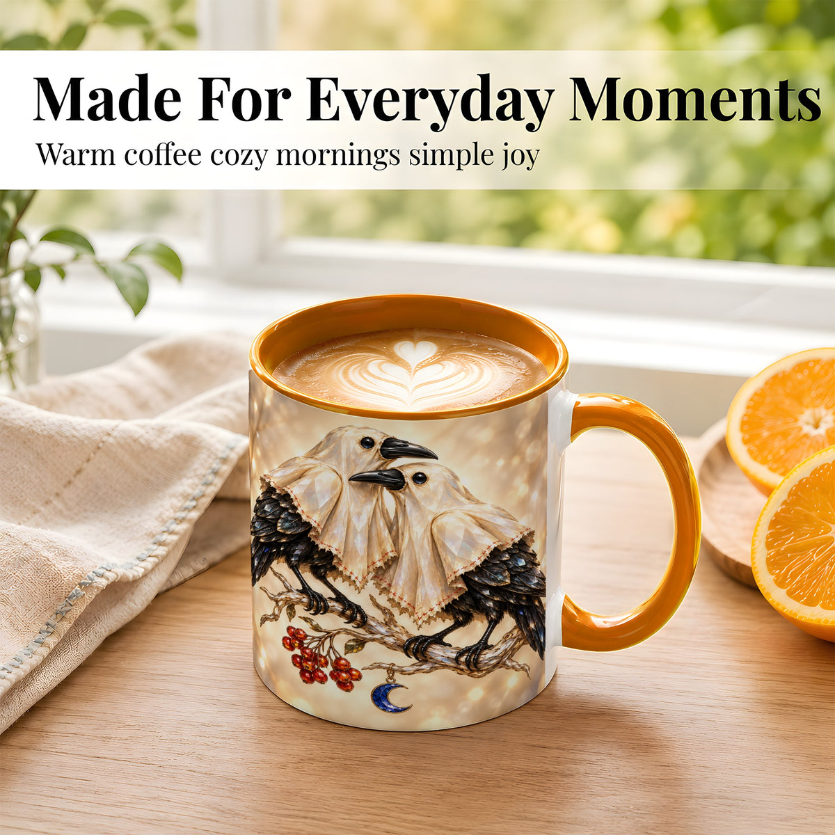 #pl[11oz|Orange] Crystal Raven Coffee Mug, Moonlit Bird Mug, Ceramic Cup