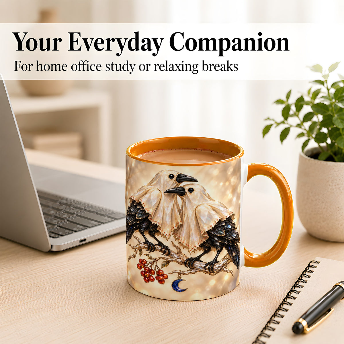 #pl[11oz|Orange] Crystal Raven Coffee Mug, Moonlit Bird Mug, Ceramic Cup
