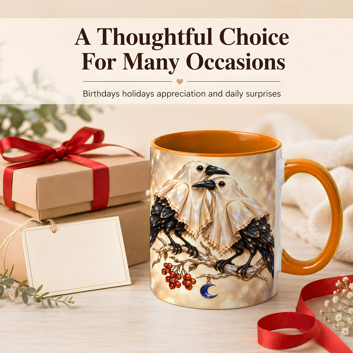 #pl[11oz|Orange] Crystal Raven Coffee Mug, Moonlit Bird Mug, Ceramic Cup