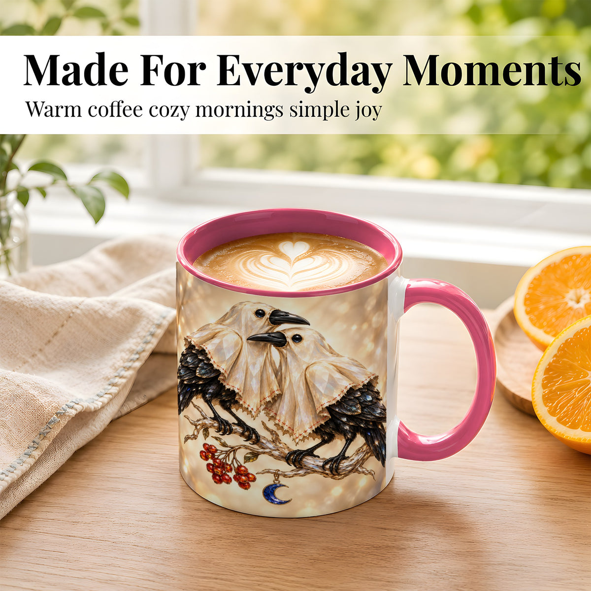 #pl[11oz|Pink] Crystal Raven Coffee Mug, Moonlit Bird Mug, Ceramic Cup