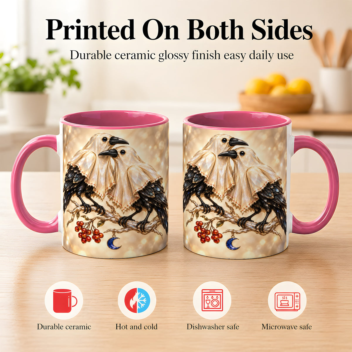 #pl[11oz|Pink] Crystal Raven Coffee Mug, Moonlit Bird Mug, Ceramic Cup