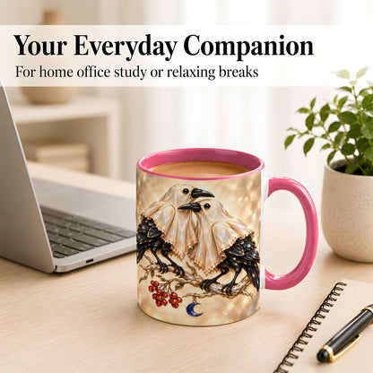 #pl[11oz|Pink] Crystal Raven Coffee Mug, Moonlit Bird Mug, Ceramic Cup