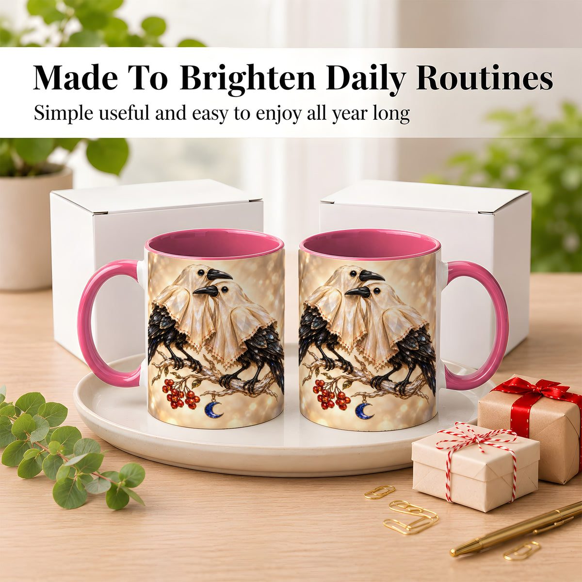 #pl[11oz|Pink] Crystal Raven Coffee Mug, Moonlit Bird Mug, Ceramic Cup