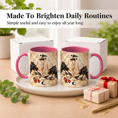 #pl[11oz|Pink] Crystal Raven Coffee Mug, Moonlit Bird Mug, Ceramic Cup