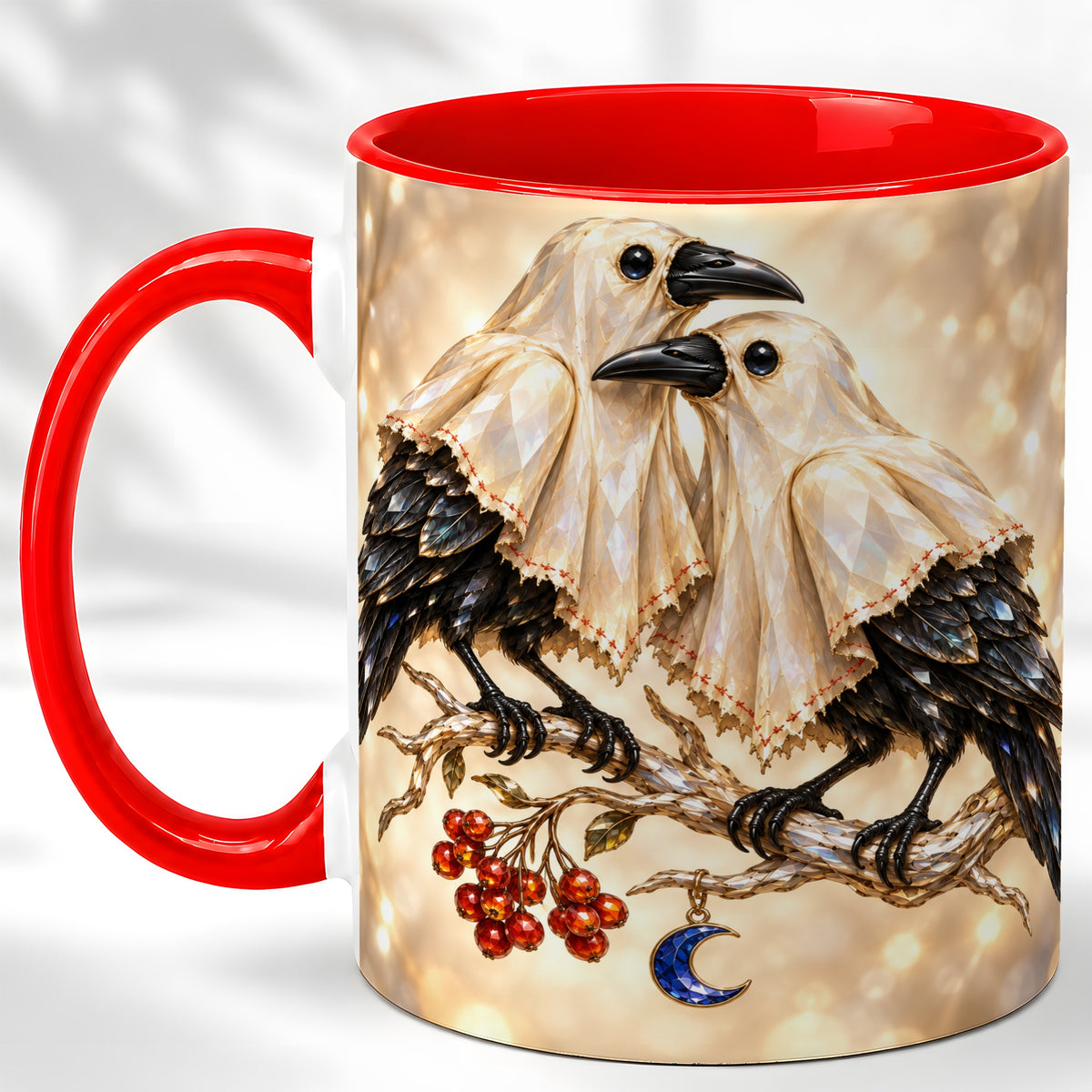 Crystal Raven Coffee Mug, Moonlit Bird Mug, Ceramic Cup
