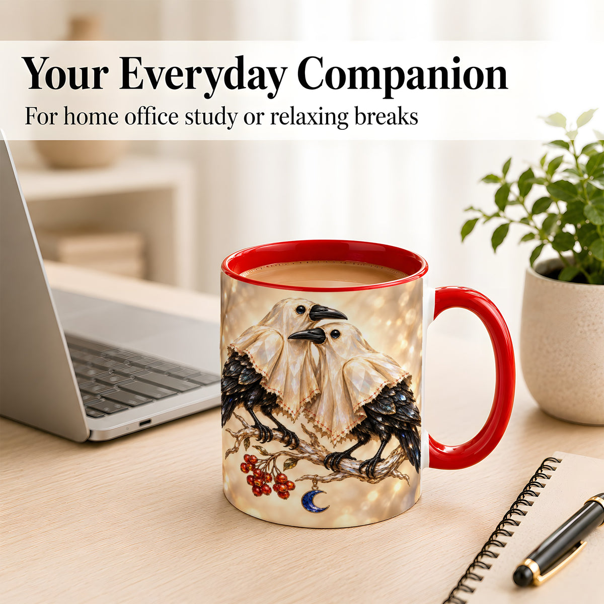 #pl[11oz|Red] Crystal Raven Coffee Mug, Moonlit Bird Mug, Ceramic Cup