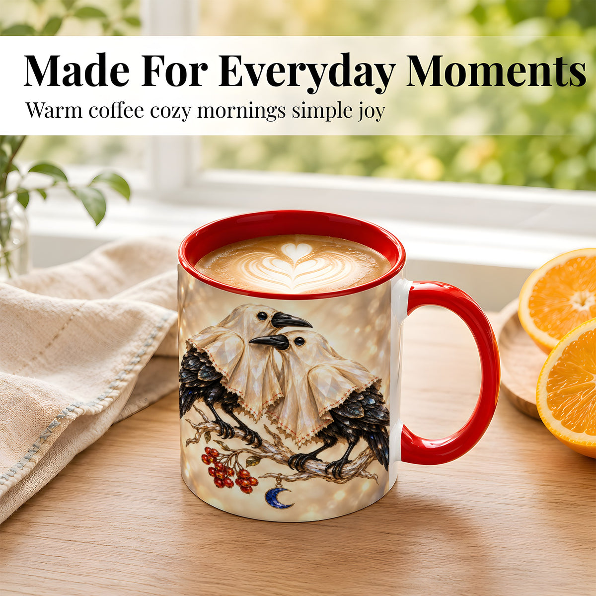 #pl[11oz|Red] Crystal Raven Coffee Mug, Moonlit Bird Mug, Ceramic Cup