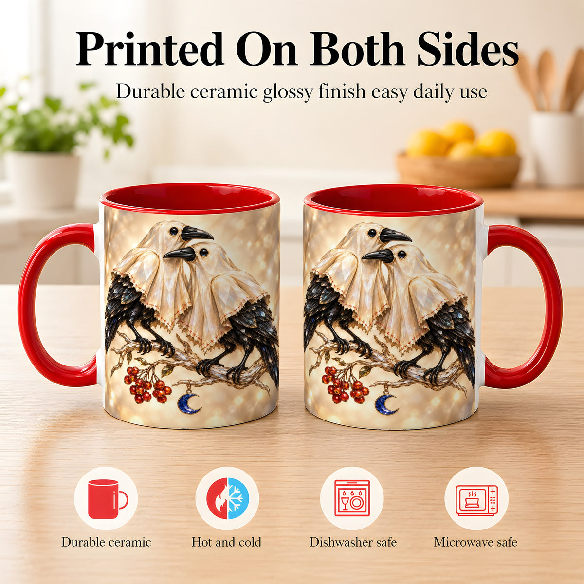 #pl[11oz|Red] Crystal Raven Coffee Mug, Moonlit Bird Mug, Ceramic Cup