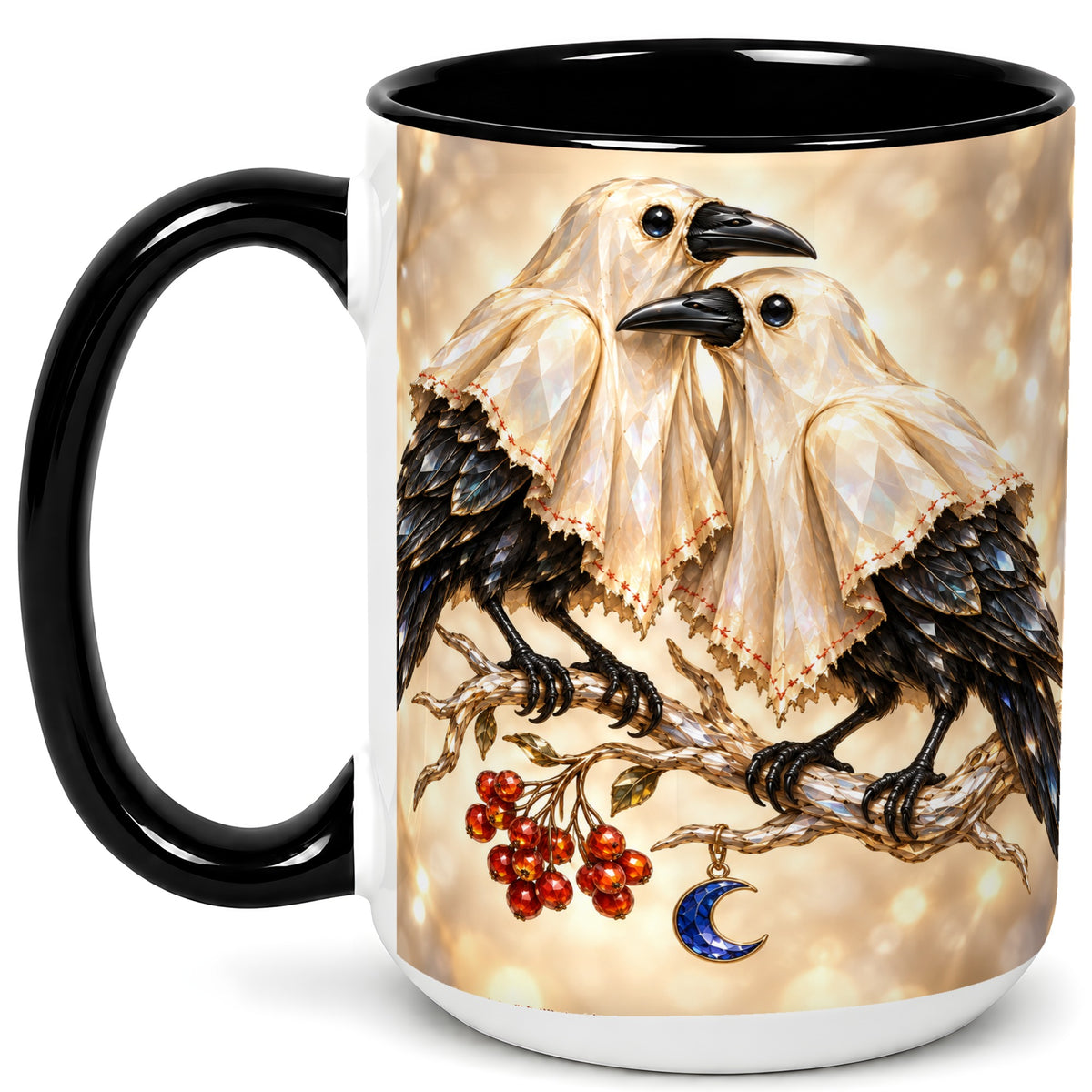 #pl[15oz|Black] Crystal Raven Coffee Mug, Moonlit Bird Mug, Ceramic Cup