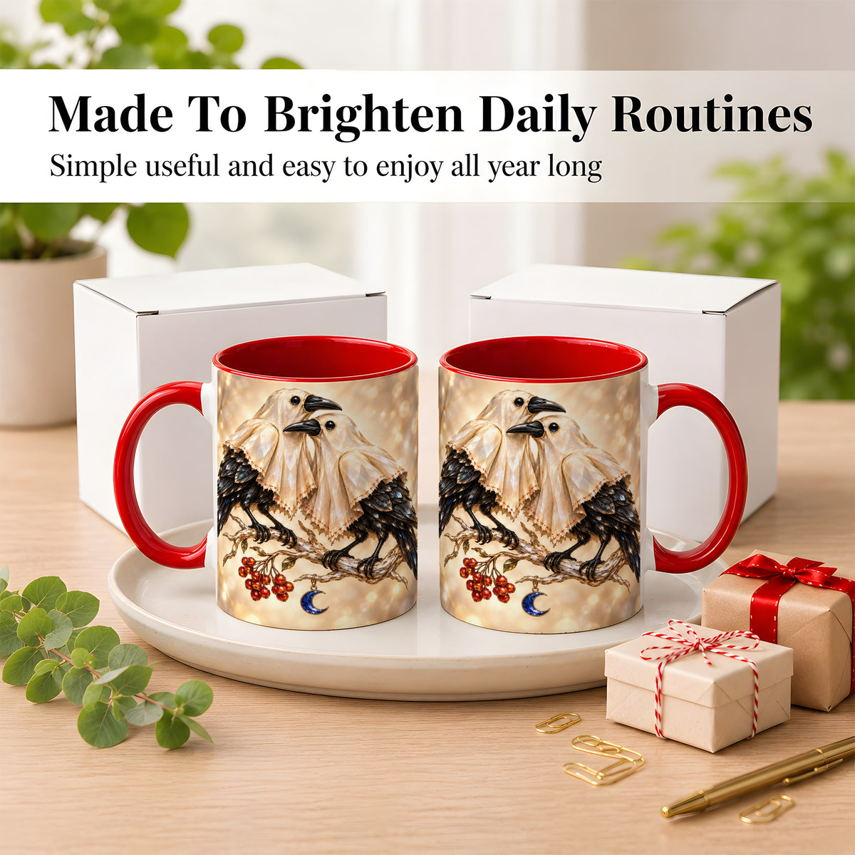 #pl[11oz|Red] Crystal Raven Coffee Mug, Moonlit Bird Mug, Ceramic Cup