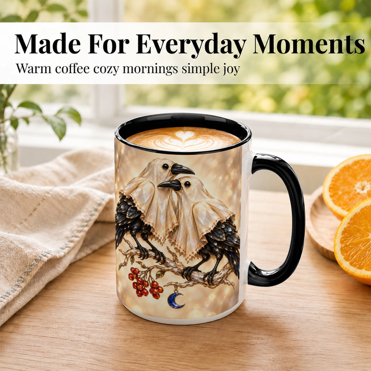 #pl[15oz|Black] Crystal Raven Coffee Mug, Moonlit Bird Mug, Ceramic Cup