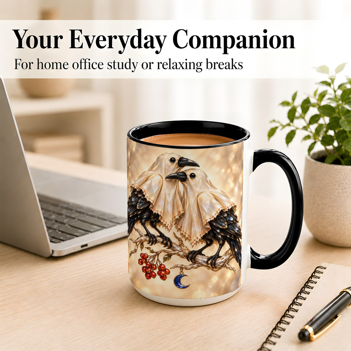 #pl[15oz|Black] Crystal Raven Coffee Mug, Moonlit Bird Mug, Ceramic Cup