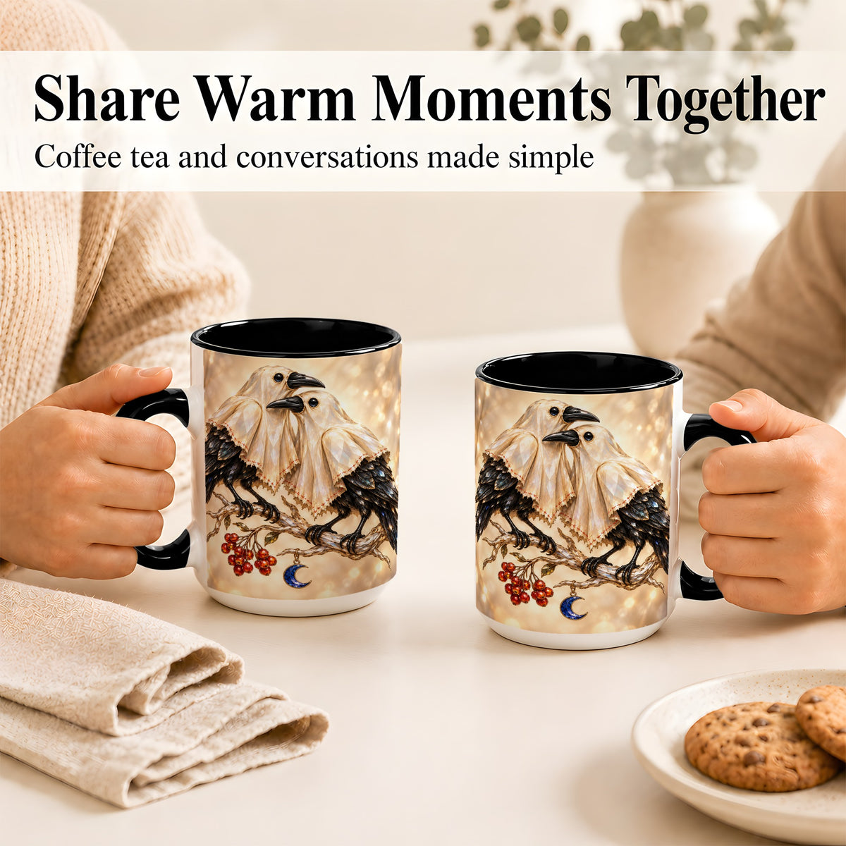 #pl[15oz|Black] Crystal Raven Coffee Mug, Moonlit Bird Mug, Ceramic Cup