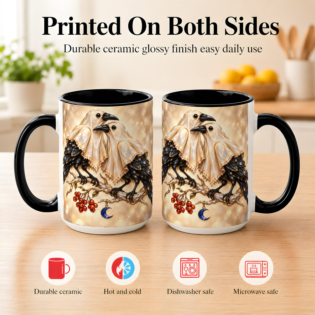 #pl[15oz|Black] Crystal Raven Coffee Mug, Moonlit Bird Mug, Ceramic Cup