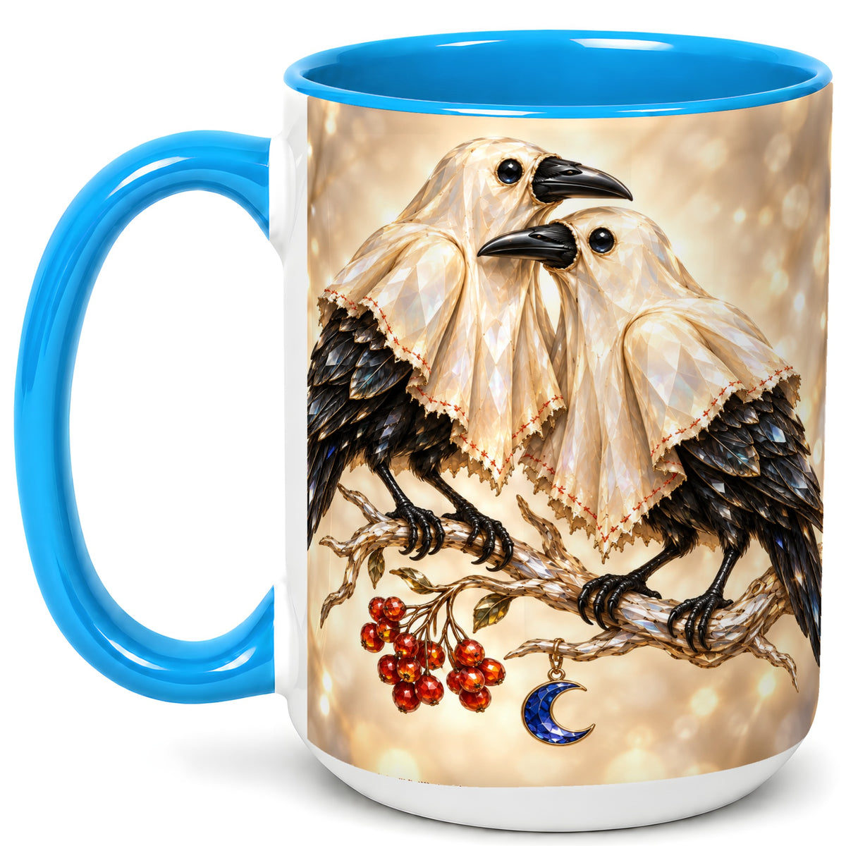 #pl[15oz|Blue] Crystal Raven Coffee Mug, Moonlit Bird Mug, Ceramic Cup
