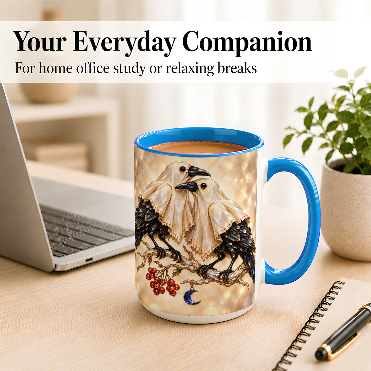 #pl[15oz|Blue] Crystal Raven Coffee Mug, Moonlit Bird Mug, Ceramic Cup
