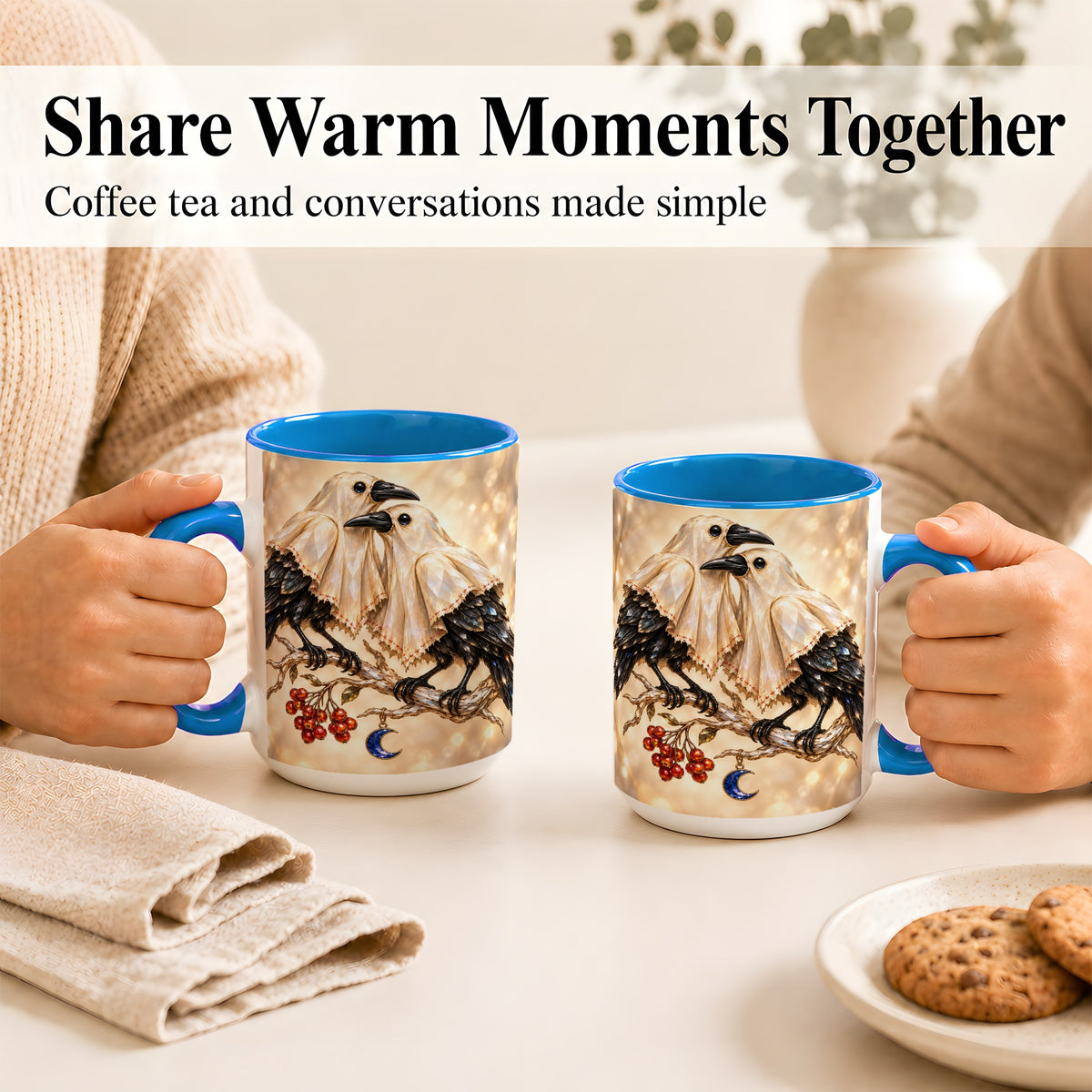 #pl[15oz|Blue] Crystal Raven Coffee Mug, Moonlit Bird Mug, Ceramic Cup