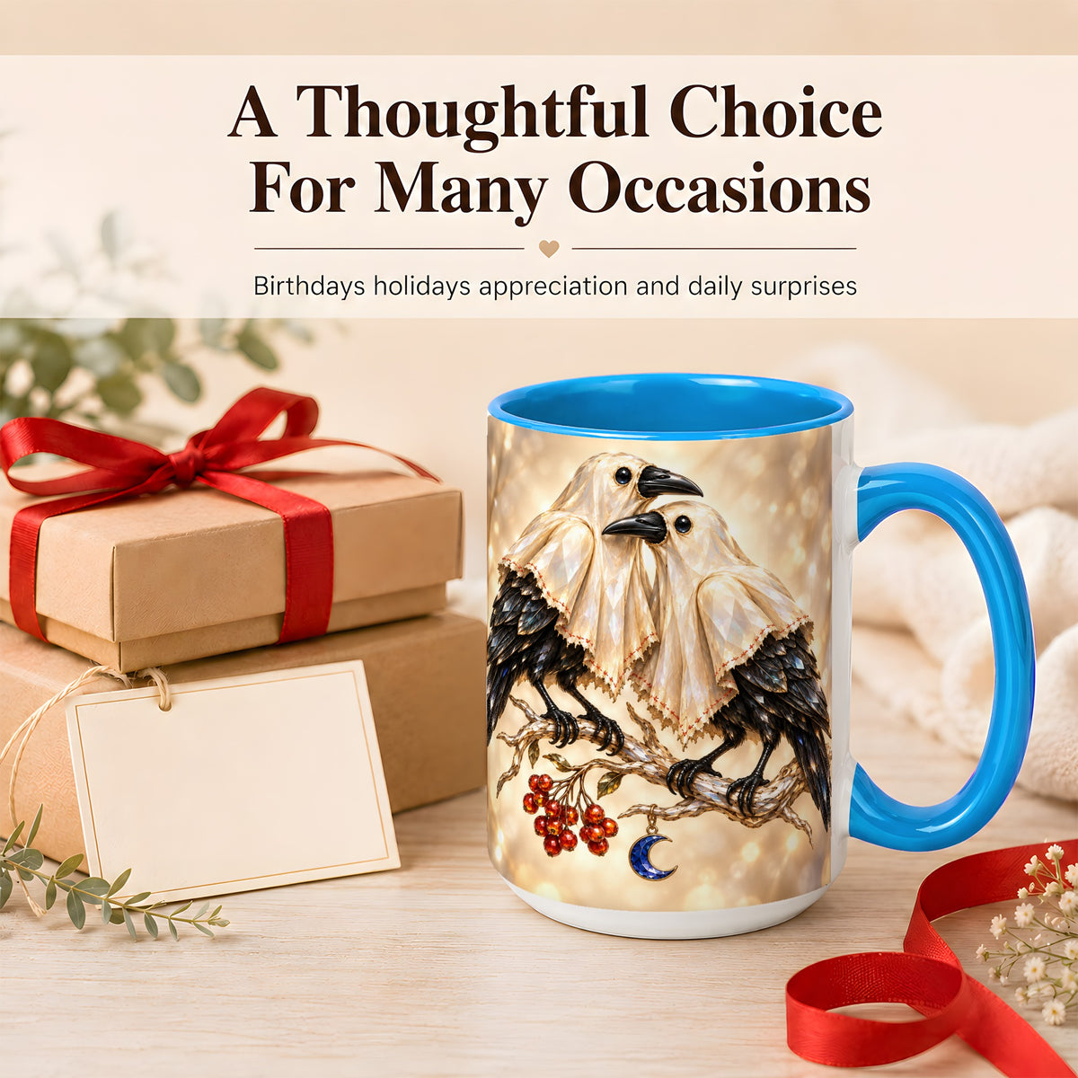 #pl[15oz|Blue] Crystal Raven Coffee Mug, Moonlit Bird Mug, Ceramic Cup