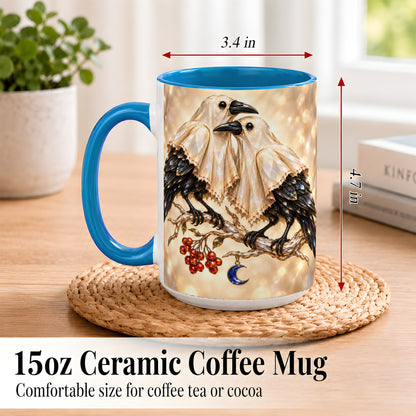 #pl[15oz|Blue] Crystal Raven Coffee Mug, Moonlit Bird Mug, Ceramic Cup